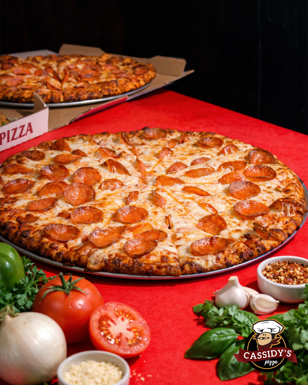 Cassidy's Pizza Watsonville CA — fresh pepperoni pizza with vegetables